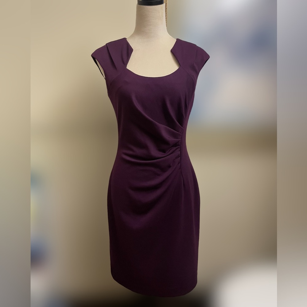 Calvin Klein Deep Plum Colored Dress w/Sweetheart Neck & Ruched Fabric (Size: 4) - Picture 2 of 10
